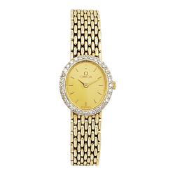 Ladies Omega 18mm Vintage 14K Yellow Gold Watch with Gold Dial and Diamond Bezel. (Pre-Owned)