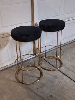 Set of 2 Gold Metal Bar Stools with Black Cushions