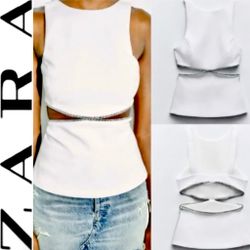 ZARA NWT viral TIK TOK White Jeweled Rhinestone Embellished Cutout Top XL