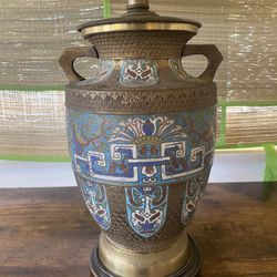 Antique Japanese Brass and Enameled Champleve Vase Lamp