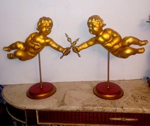 Antique Italian Hand Carved Wood Pair Of Puttos With Bronze Accents