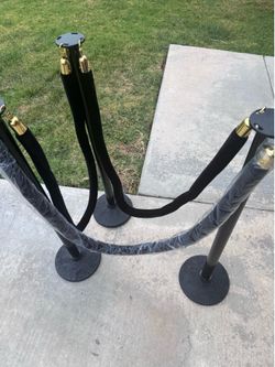 3-Piece Stanchion Pole Set with 4 Black Velvet Ropes, plastic poles. Assembled. Used 1x