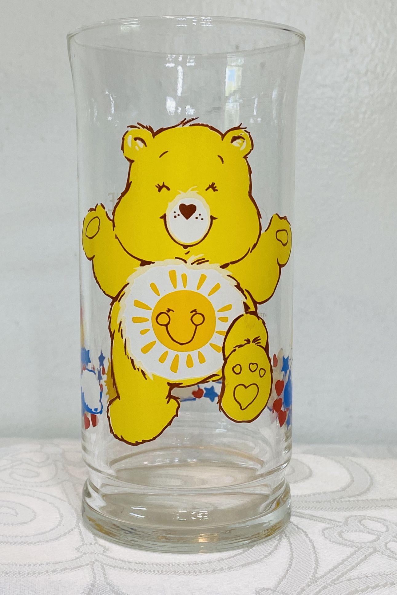 VNTG CARE BEAR "FUNSHINE BEAR" TUMBLER GLASS AMER. GREETINGS PIZZA HUT 1983 EUC