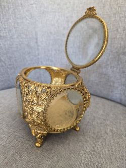 Vintage Gold Filigree Ormolu Round Casket Jewelry Box
