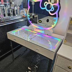 Brand New Vanity 2 Drawers With Hello Kitty Mirror RGB Light Inside Desk & Mirror $799