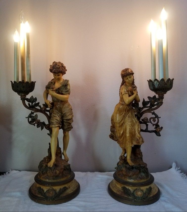Antique L&F Moreau Boy & Girl Candelabra Pair