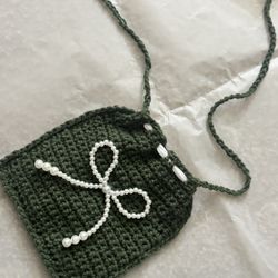 Handmade Crochet Pouch with Pearl Bow 