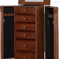Jewelry Cabinet, Dark Walnut, Jewelry Armoire With Mirror 