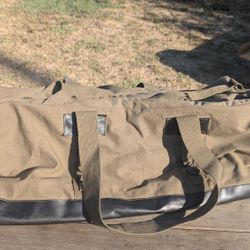 Vintage Military Style Canvas Olive Duffel Bag with Black Leatherette Bottom Trim