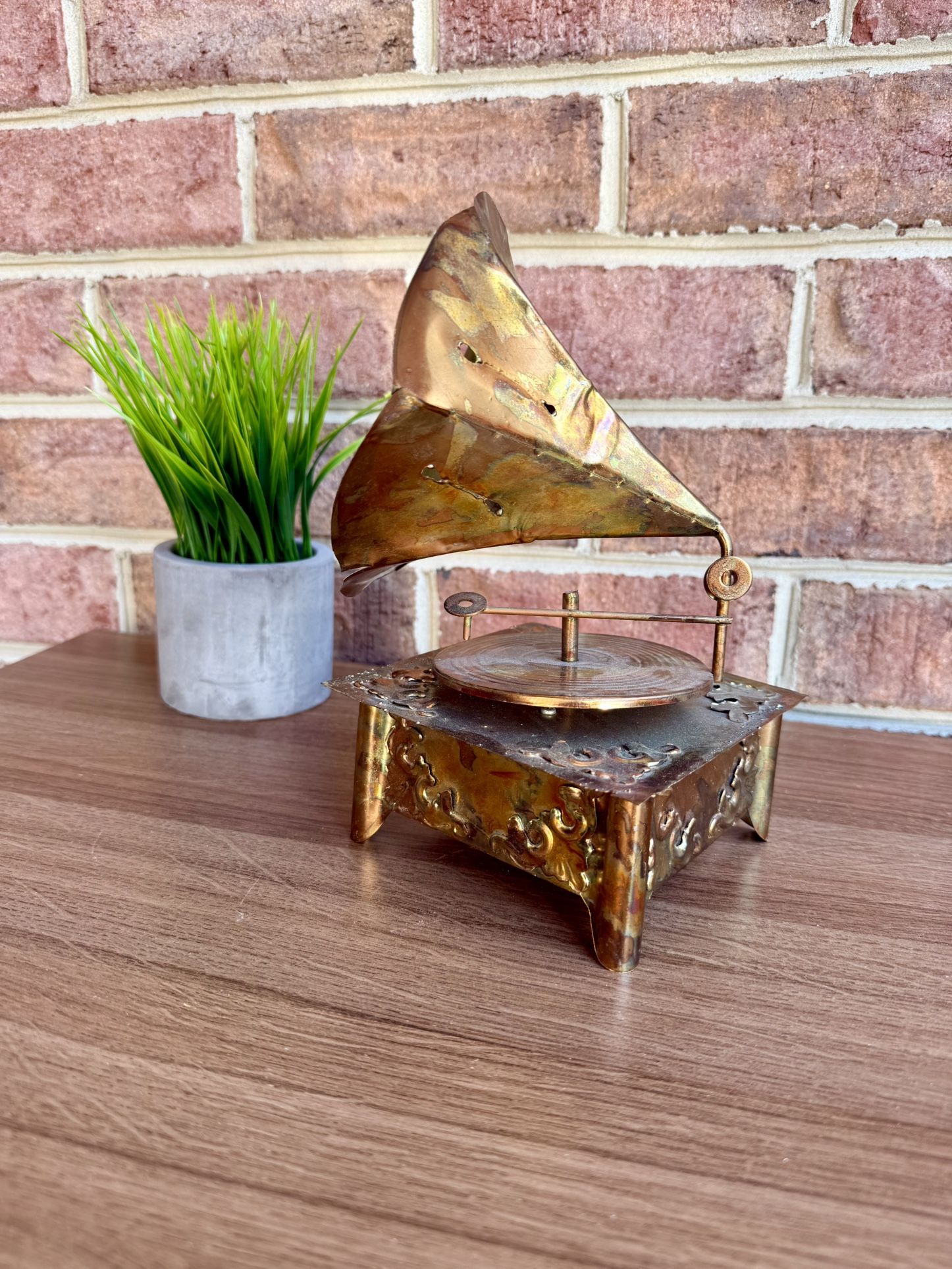 Vintage Brass Miniature Gramophone