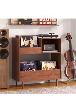 Record Player Stand, 2-Tier Open Turntable Stand, Brown Fit 7/10/12 Inch Vinyl Records, Open Turntable Storage Table, Mid Century Modern Record Player