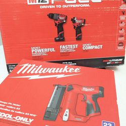 M12 Milwaukee FUEL Brushless Impact & Hammer Drill + 23Ga Pin Nailer 