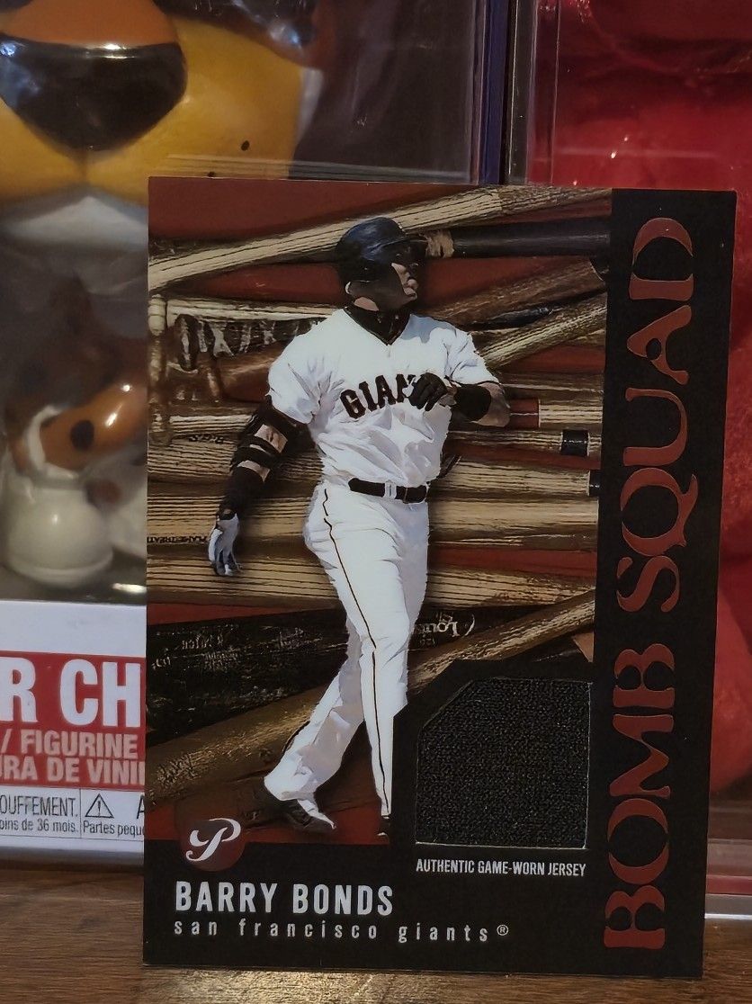 2003 Barry Bonds TOPPS-PRESTINE BASEBALL BOMB GAME-WORN JERSEY CARD #PBS-BB GEM MINT OR BETTER.