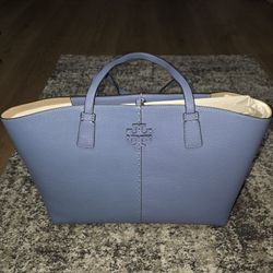 AUTH Tory Burch McGraw Leather Tote, w/Dust Bag - Light Blue - MSRP $389