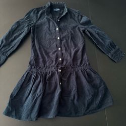 dark navy blue corduroy long-sleeve dress ruffled collar 100% cotton size 6 girl