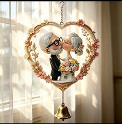 Forever Kiss: Silver-Haired Couple Acrylic Heart Wind Chime with Brass-Tone Bell, Anniversary Gift