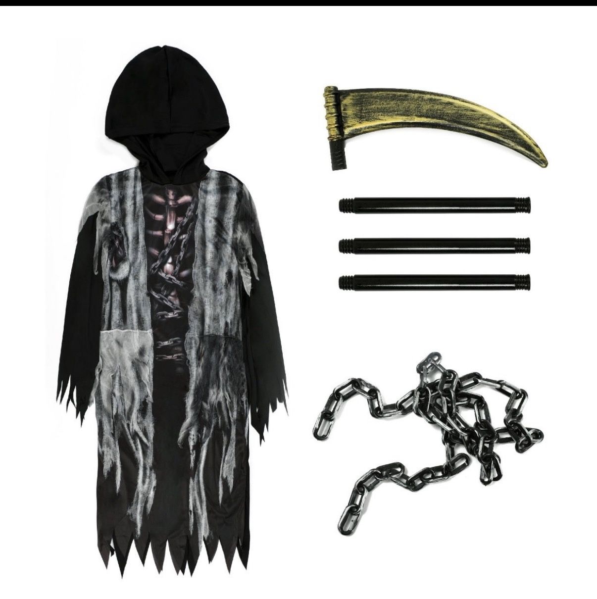 Kids Boys Halloween Grim Reaper Costume, Skeleton Bones Hooded Robe size 3-4t