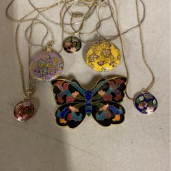 Vintage  Cloisonne Pendants And Butterfly  Scarf  Clip