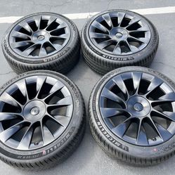 20” OEM Tesla Model Y Induction Wheels Set Of 4 Satin Black Rims Michelin Tesla Tires