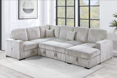 Brand New Light Grey Corduroy Sectional Sofa Storage Sleeper