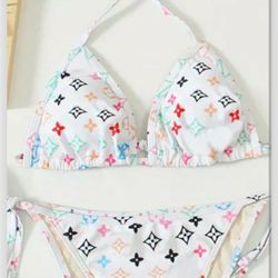 White  LV Print  Bikini 