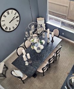 Dining table, 4 chairs, trestle table, green and black, made of tin. Must sell. Dining table, four chairs, trestle table, green and black, made of