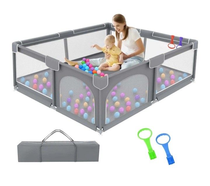 Baby Playpen, 50x50x27" Large Activity Center with Gate, Anti-Slip Base, Gray #286