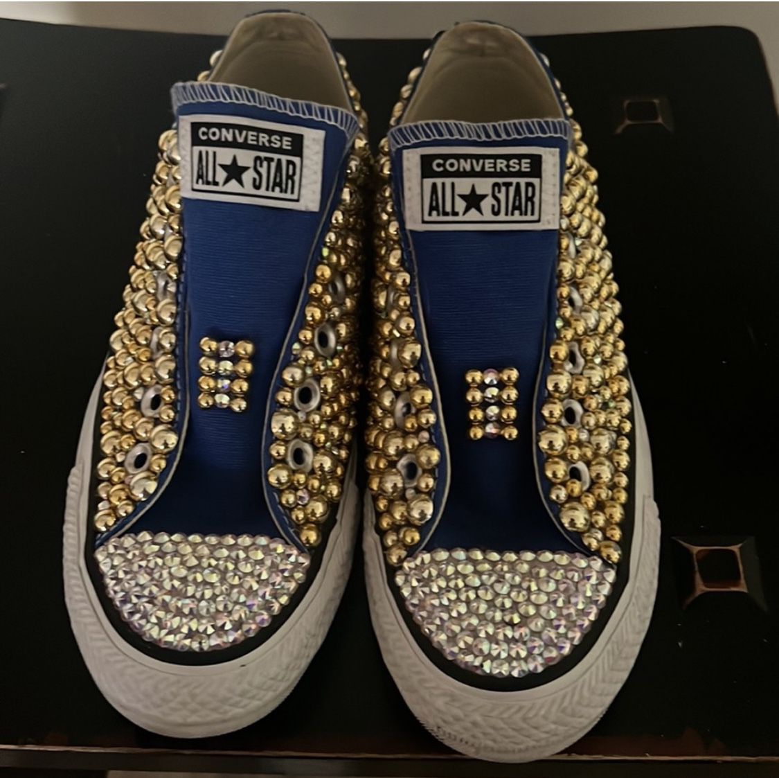 Converse Unisex All Star Chuck Taylor Low Top, blue & gold Rhinestoned, SZ 6.5