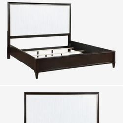 Benzara Shim Queen Size Bed with Tall Headboard- White and Cherry Brown Wood