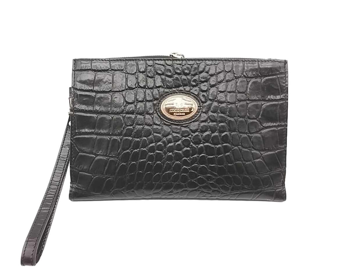 Roberto Cavalli Black Leather Clutch With Crocodile embossed Pattern Jg1025wrmia