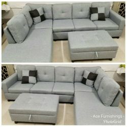 Brand New Light Grey Linen Sectional With Storage Ottoman 