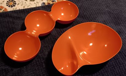 Pair of Random Acts Of Summer Triple Dip Orange Red Melamine Bowl Serving Dish Set.