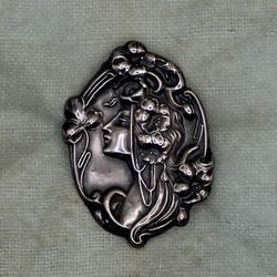 Antique Sterling Silver Art Nouveau Lady Pin / Brooch