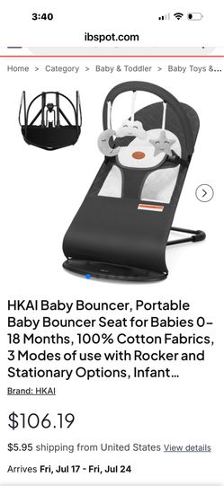 HKAI Baby Rocker Chair with 3 Modes, Rocker and Stationary Options, Infant Chair with Hanging Toys, Baby Bouncer, Dark Grey