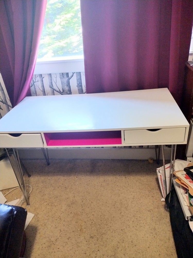 White Desk With Two Drawers And One Cubby, Hot Pink Inside