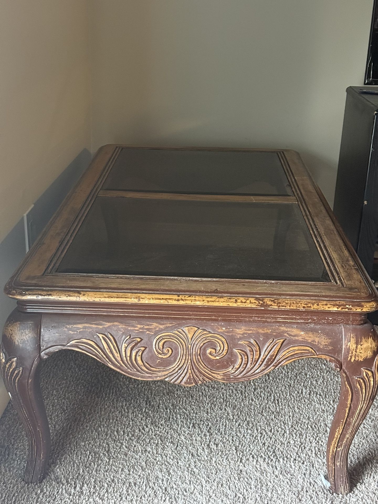 Antique Wooden Table With Glass Top