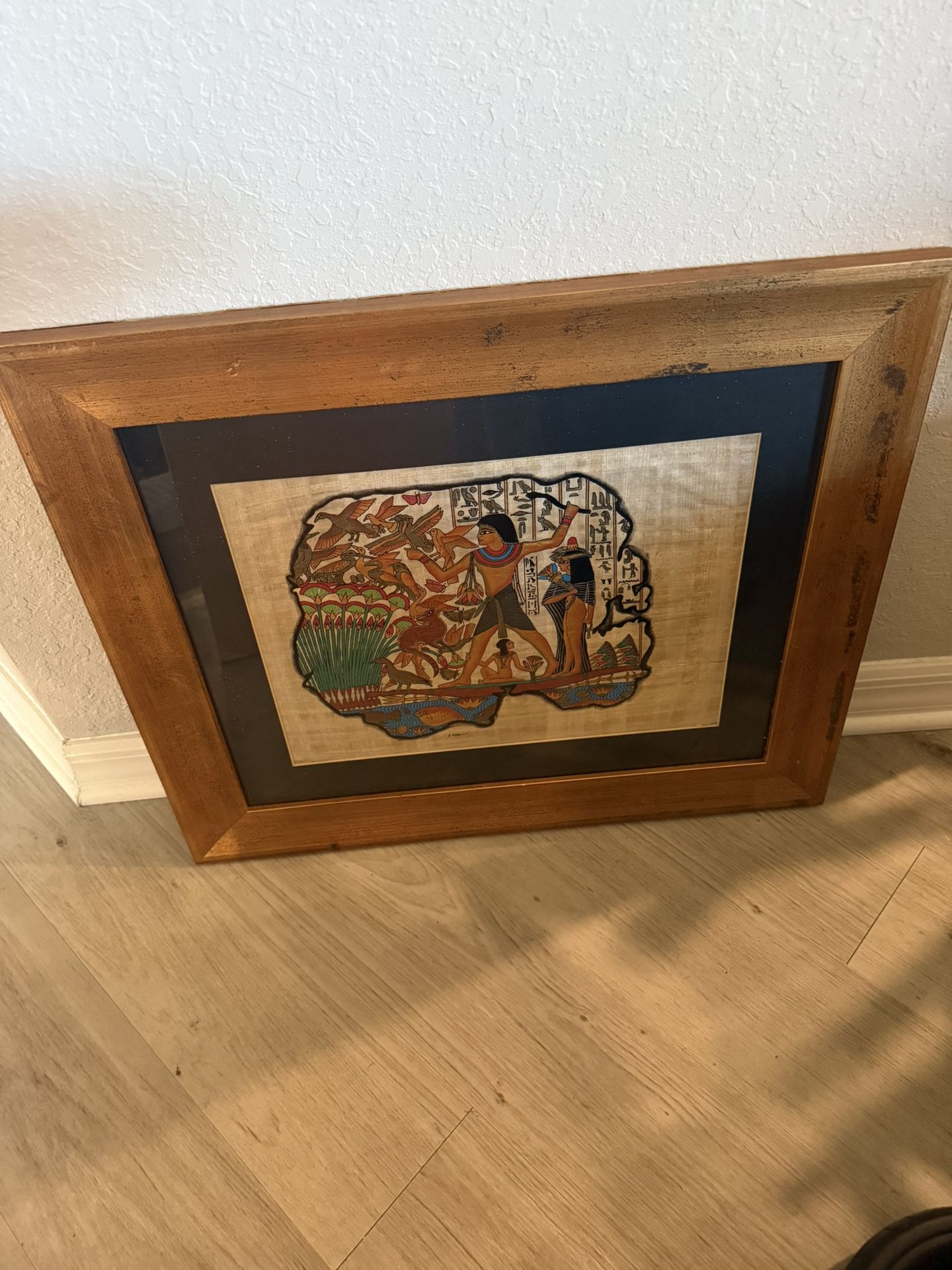 Egyptian papyrus painting wood framed signed 24.5x 20.5 wall hanging art