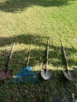 Various garden tools and pots Various garden tools and clay pots