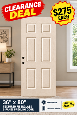 Brand New Clearance 36" x 80" Textured Fiberglass 6-Panel Prehung Door – $275