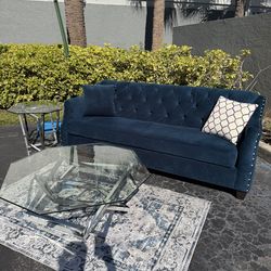 Beautiful blue green turquoise teal velvety sofa couch modern contemporary