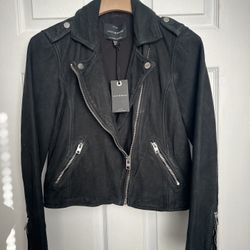 Leather Motorcycle Jacket Women’s Size XS Lucky Brand Black Suede New