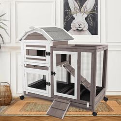 [RAB13] 2 Story Rabbit Hutch Bunny Hutch on Wheels with Pull Out Tray，Greywhite