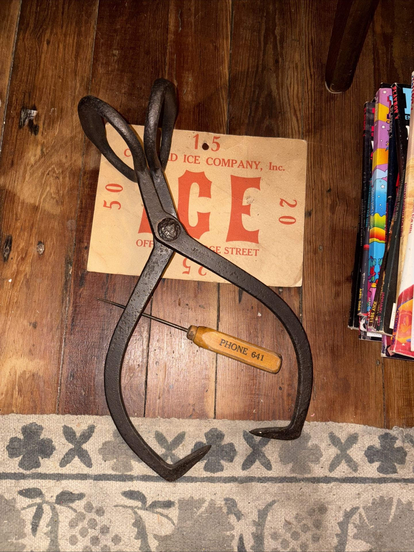 Vintage 1800s Ice Pic , Tongs And Original Advertisement