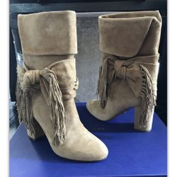 Woman boot size 37 suede Aquazzura fringed bow, beige, 