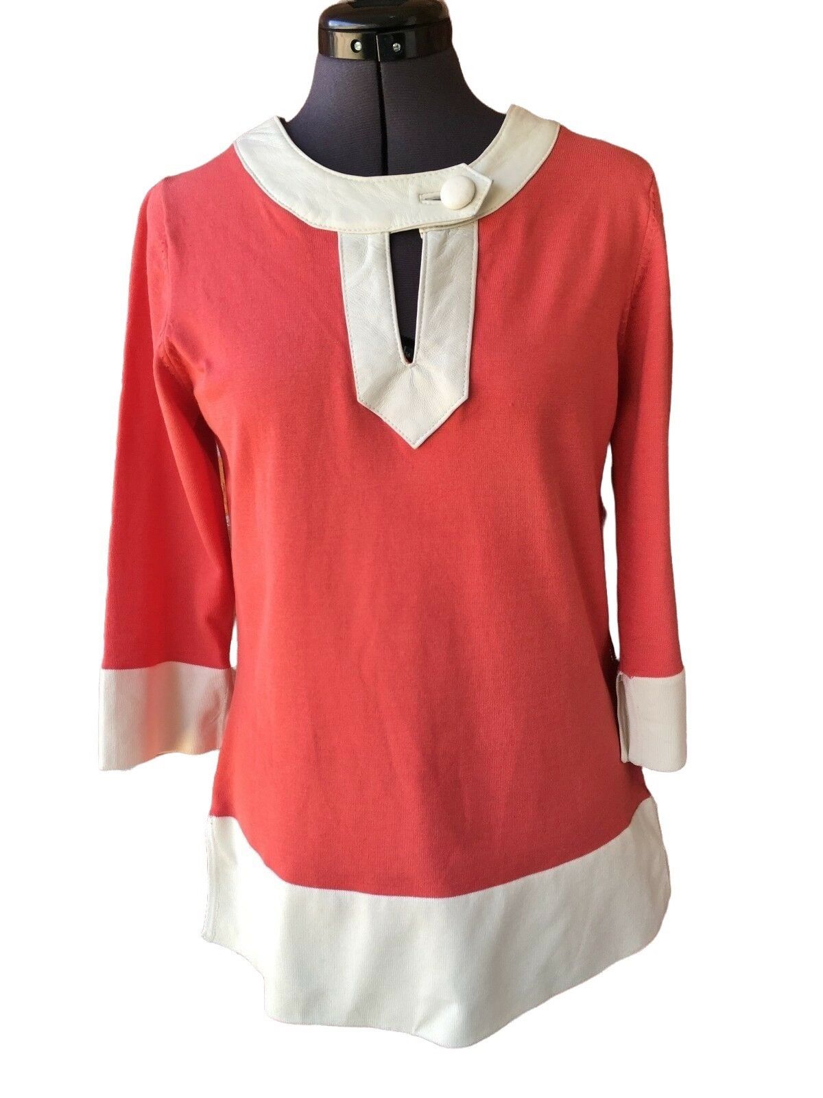 Michael Simon Sweater Top Tunic Leather Trim 3/4-Sleeve Coral White S Keyhole