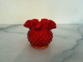 Small FENTON Hobnail Glass Vase Orange Ruffle Rim