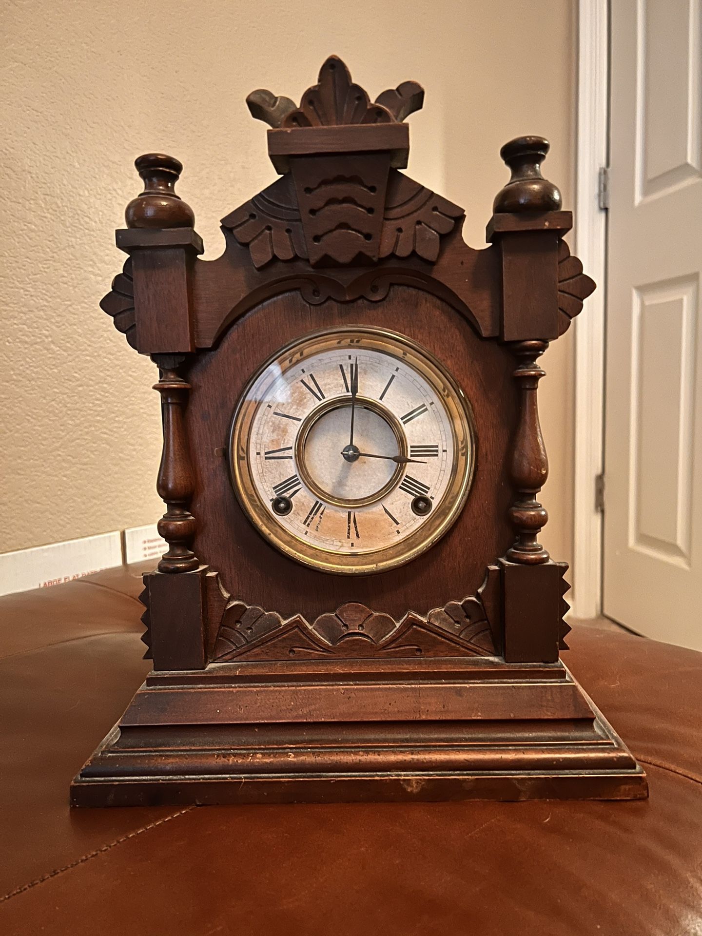 1878 Antique Ansonia mantel mechanical clock in oak cabinet