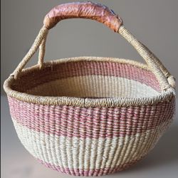 Kandiga handwoven round Bolga Market Basket-Brown leather Handle, Elephant grass woven,rustic colors