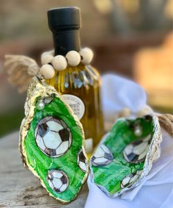 Homemade oyster shell ornaments  – soccer/sports/coaches gift/party decor