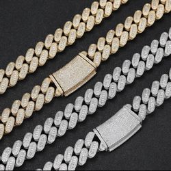 Men's and Women's Fine Jewelry 20mm Gold Silver Cuban Link Chain Hip Hop Shiny Iced Diamond Cuban Baguette Link Chain 